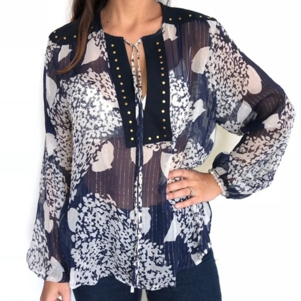 Zara | Navy Studded Blouse - Picture 2 of 7